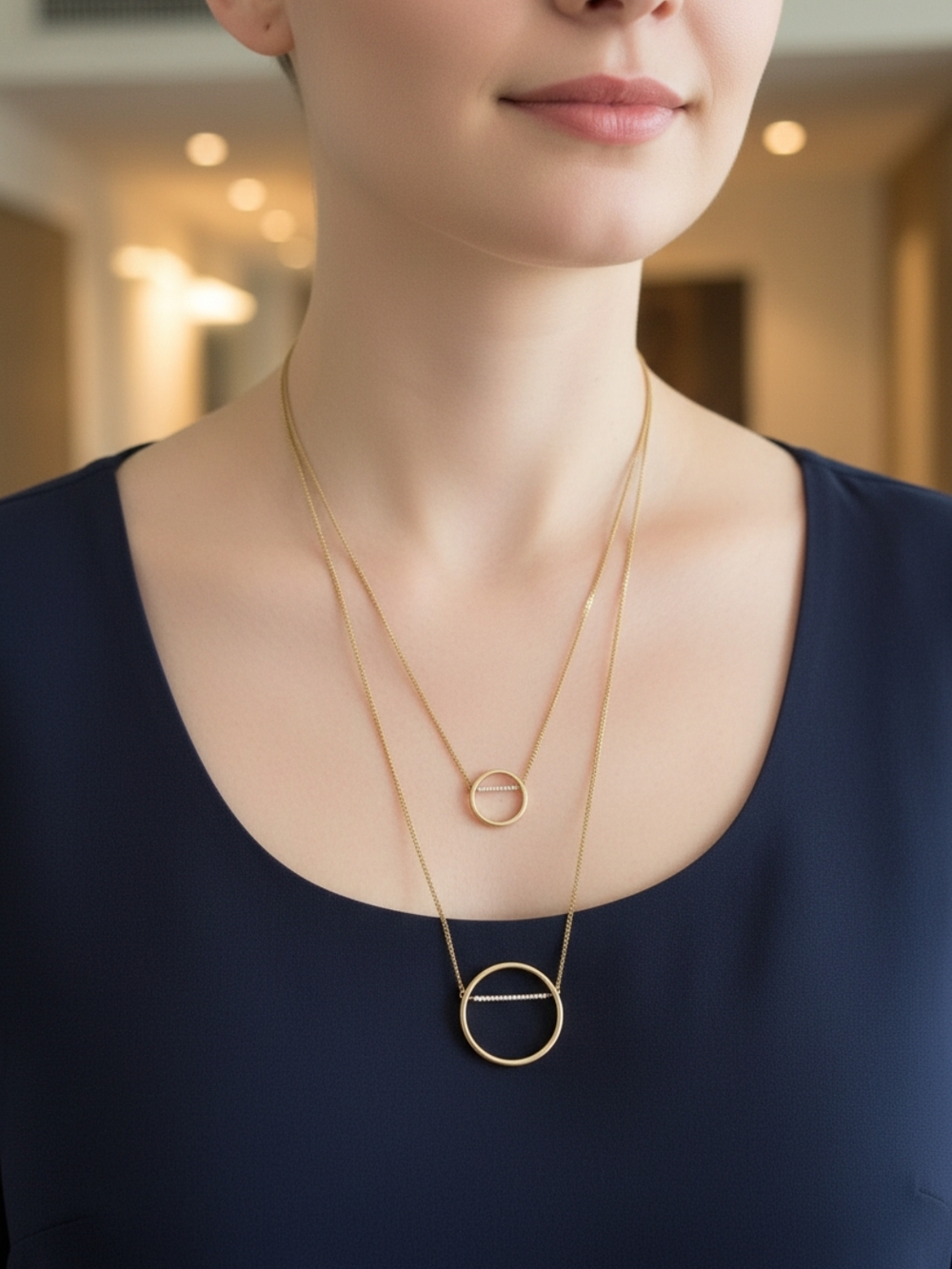 Gold Double Circle Pendant Necklace - Elegant Layered Women’s Jewelry
